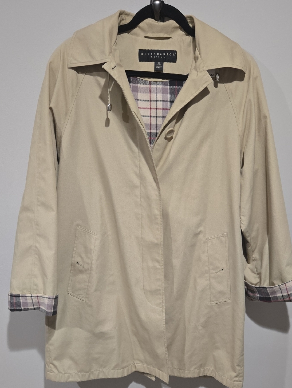 Womens Tan MISTY HARBOR trench Rain Coat Removable Hood.  Plaid.  Medium